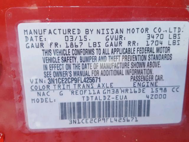 3N1CE2CP9FL425671 - 2015 NISSAN VERSA NOTE RED photo 10