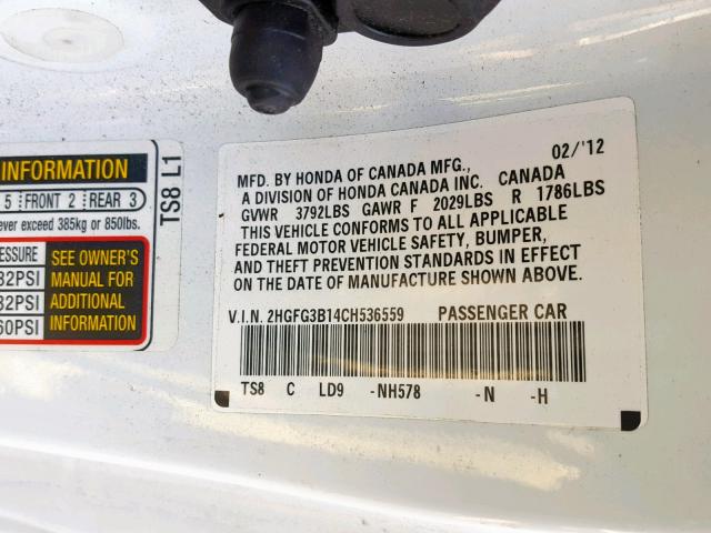 2HGFG3B14CH536559 - 2012 HONDA CIVIC EXL 白色 照片 10