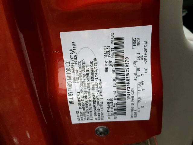 1FAFP34N85W259570 - 2005 FORD FOCUS ZX4 RED photo 10