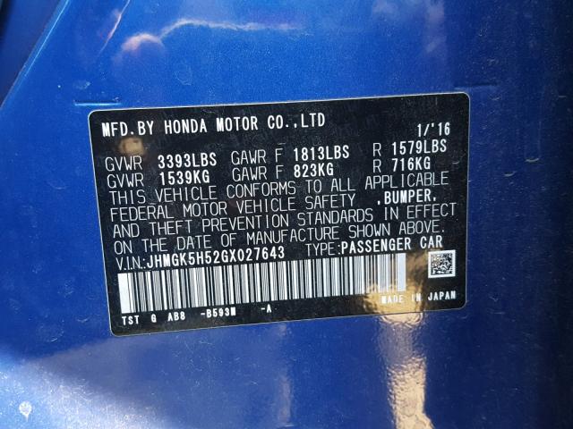 JHMGK5H52GX027643 - 2016 HONDA FIT LX BLUE photo 10