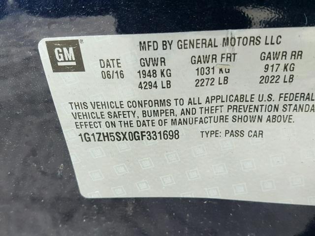 1G1ZH5SX0GF331698 - 2016 CHEVROLET MALIBU PRE BLUE photo 10