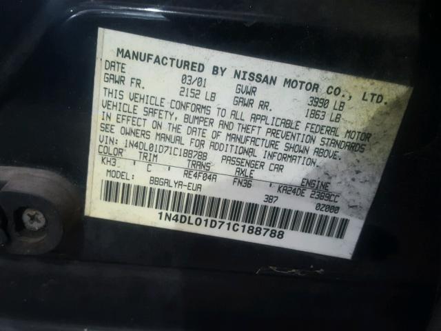 1N4DL01D71C188788 - 2001 NISSAN ALTIMA XE BLACK photo 10