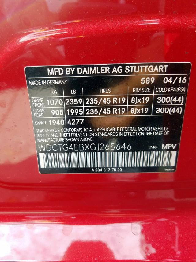 WDCTG4EBXGJ265646 - 2016 MERCEDES-BENZ GLA 250 RED photo 10