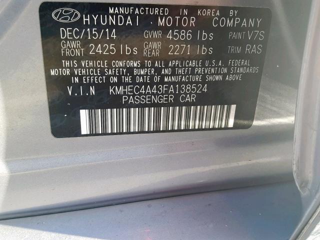 KMHEC4A43FA138524 - 2015 HYUNDAI SONATA HYB SILVER photo 10