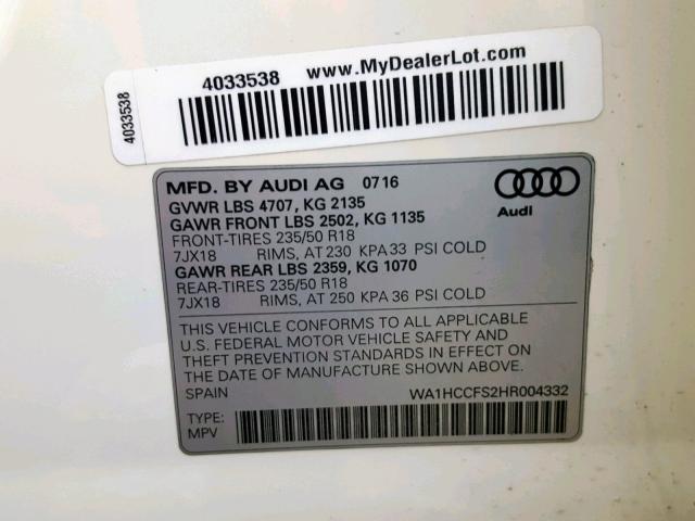 WA1HCCFS2HR004332 - 2017 AUDI Q3 PREMIUM WHITE photo 10