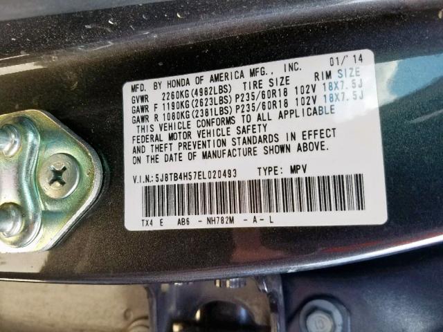 5J8TB4H57EL020493 - 2014 ACURA RDX TECHNO GRAY photo 10