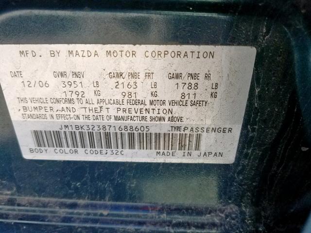 JM1BK323871688605 - 2007 MAZDA 3 S BLUE photo 10