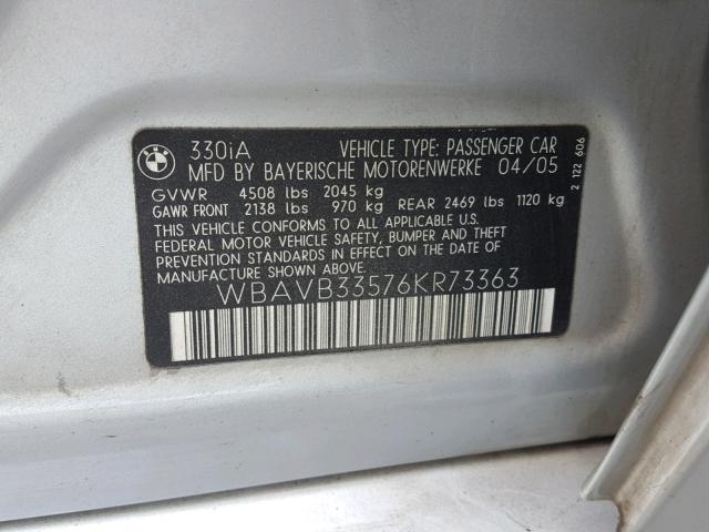 WBAVB33576KR73363 - 2006 BMW 330 I SILVER photo 10