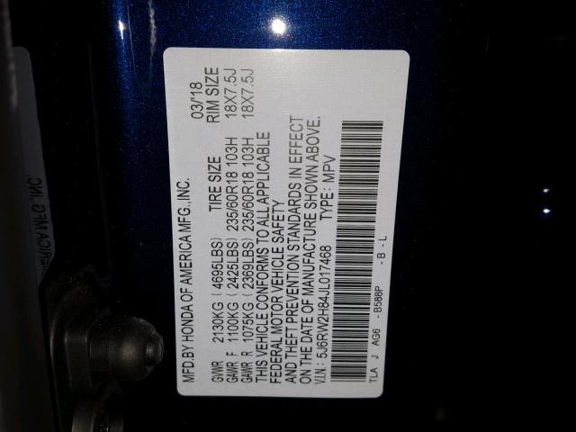 5J6RW2H84JL017468 - 2018 HONDA CR-V EXL BLUE photo 10