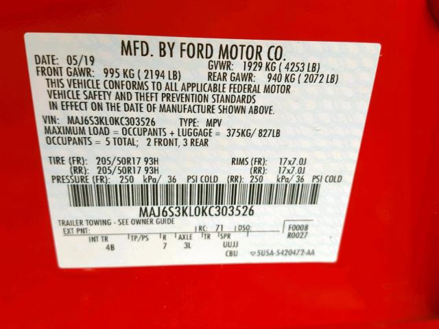 MAJ6S3KL0KC303526 - 2019 FORD ECOSPORT T RED photo 10