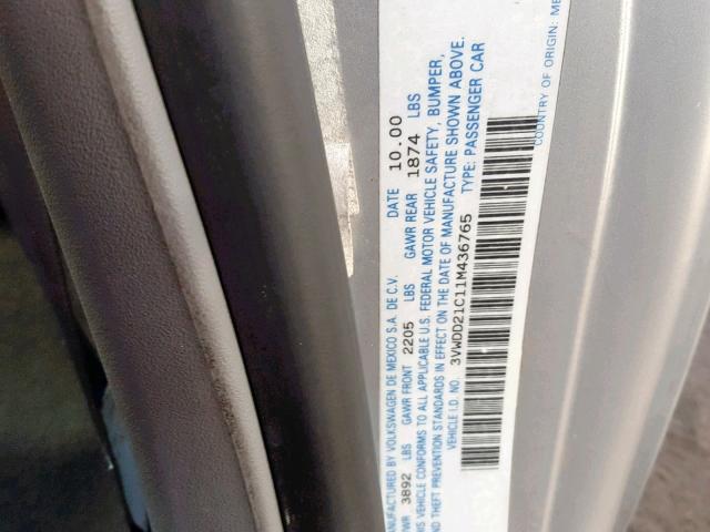 3VWDD21C11M436765 - 2001 VOLKSWAGEN NEW BEETLE 银色 照片 10