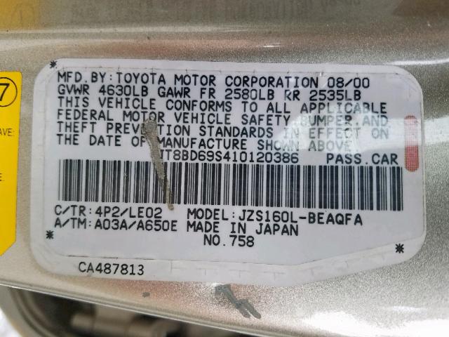 JT8BD69S410120386 - 2001 LEXUS GS 300 GOLD photo 10