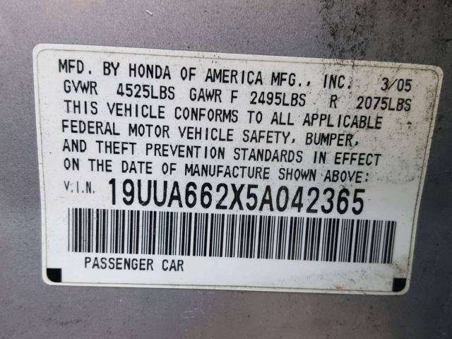 19UUA662X5A042365 - 2005 ACURA TL GRAY photo 10