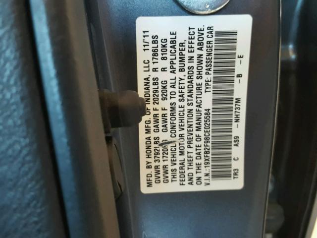 19XFB2F98CE025584 - 2012 HONDA CIVIC EXL GRAY photo 10