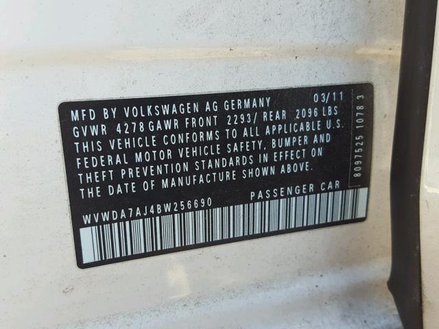 WVWDA7AJ4BW256690 - 2011 VOLKSWAGEN GOLF 白色 照片 10
