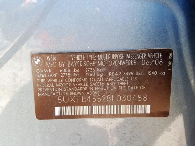 5UXFE43528L030488 - 2008 BMW X5 3.0I GRAY photo 10