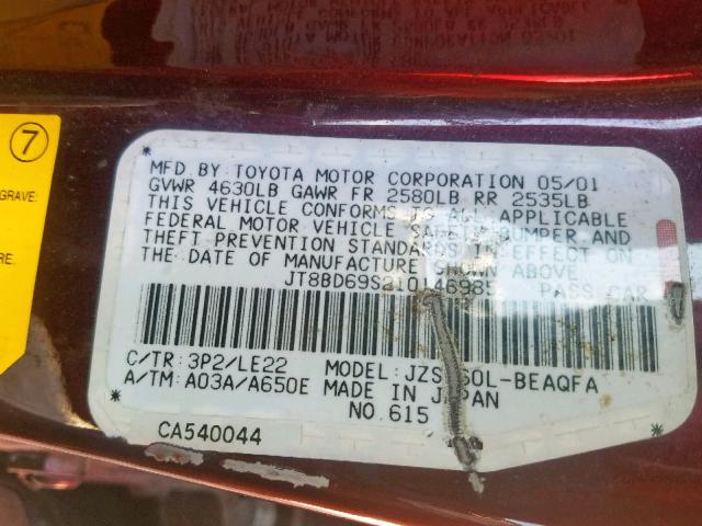 JT8BD69S210146985 - 2001 LEXUS GS 300 BURGUNDY photo 10