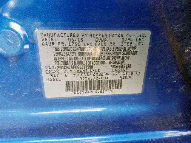 3N1CN7AP6GL817590 - 2016 NISSAN VERSA S BLUE photo 10