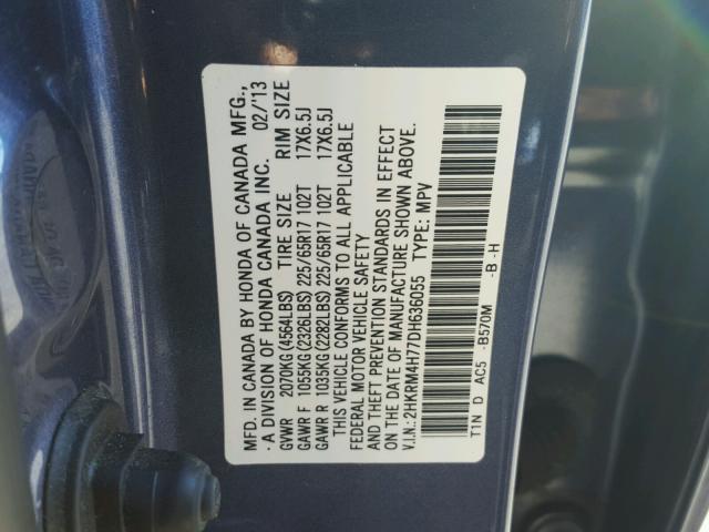 2HKRM4H77DH636055 - 2013 HONDA CR-V EXL BLUE photo 10