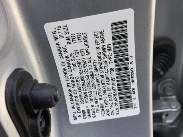 2HKRM3H71GH517738 - 2016 HONDA CR-V EXL SILVER photo 10