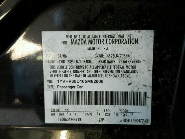 1YVHP80D165M62606 - 2006 MAZDA 6 S BLACK photo 10