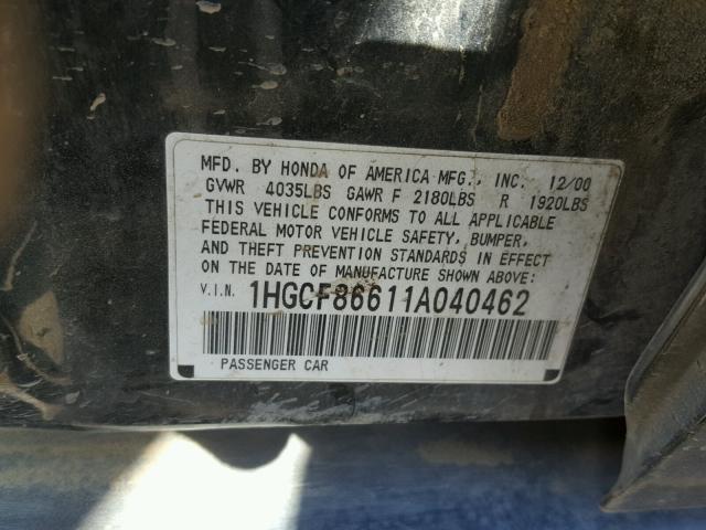 1HGCF86611A040462 - 2001 HONDA ACCORD VAL GREEN photo 10