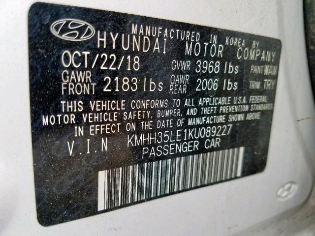 KMHH35LE1KU089227 - 2019 HYUNDAI ELANTRA GT WHITE photo 10