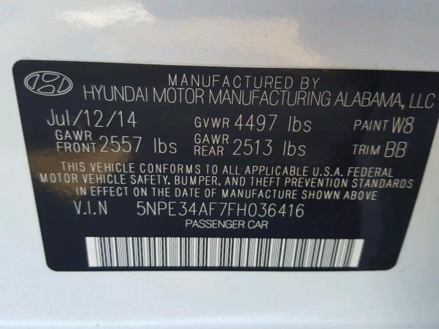 5NPE34AF7FH036416 - 2015 HYUNDAI SONATA SPO WHITE photo 10