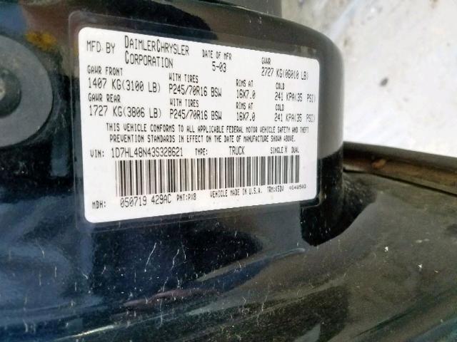 1D7HL48N43S328621 - 2003 DODGE DAKOTA QUA BLACK photo 10