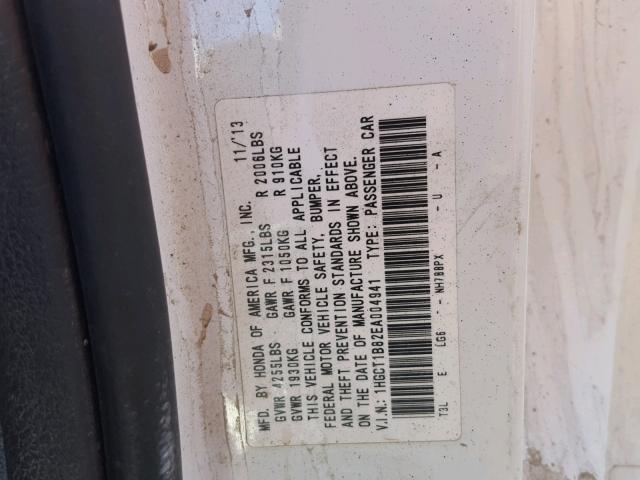 1HGCT1B82EA004941 - 2014 HONDA ACCORD EXL WHITE photo 10