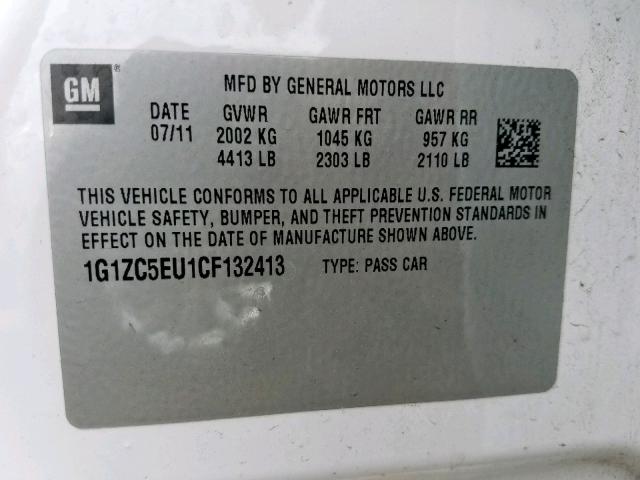 1G1ZC5EU1CF132413 - 2012 CHEVROLET MALIBU 1LT 白色 照片 10