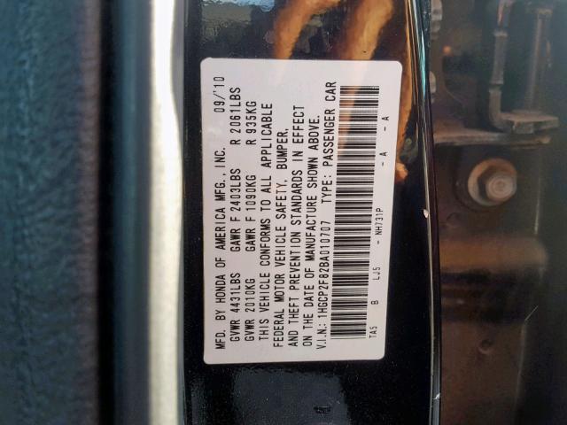 1HGCP2F82BA010707 - 2011 HONDA ACCORD EXL BLACK photo 10