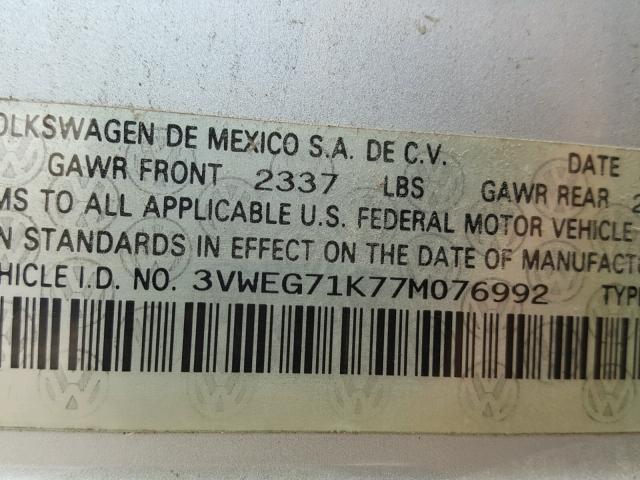 3VWEG71K77M076992 - 2007 VOLKSWAGEN JETTA WOLF SILVER photo 10