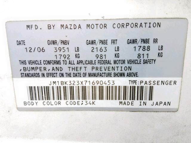 JM1BK323X71690453 - 2007 MAZDA 3 S WHITE photo 10