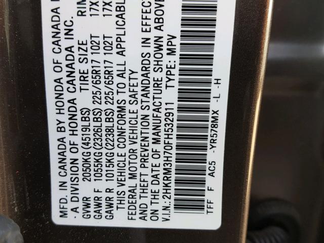 2HKRM3H70FH532911 - 2015 HONDA CR-V EXL BROWN photo 10