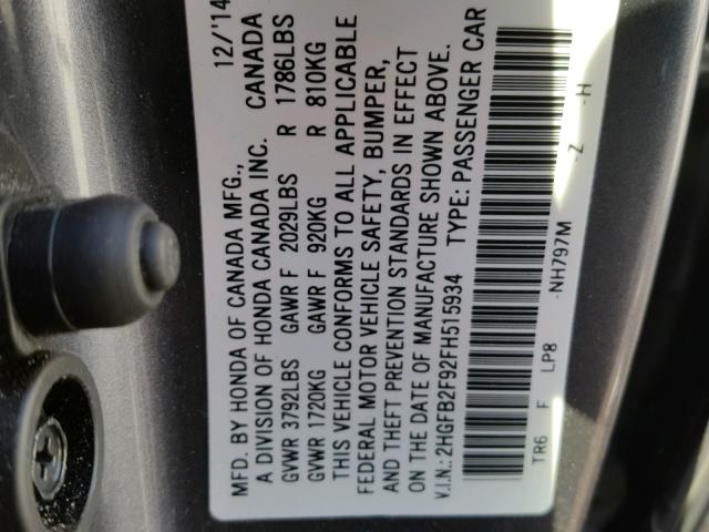 2HGFB2F92FH515934 - 2015 HONDA CIVIC EXL 灰色 照片 10