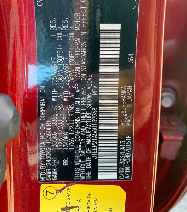 JTEEP21A560139968 - 2006 TOYOTA HIGHLANDER RED photo 10