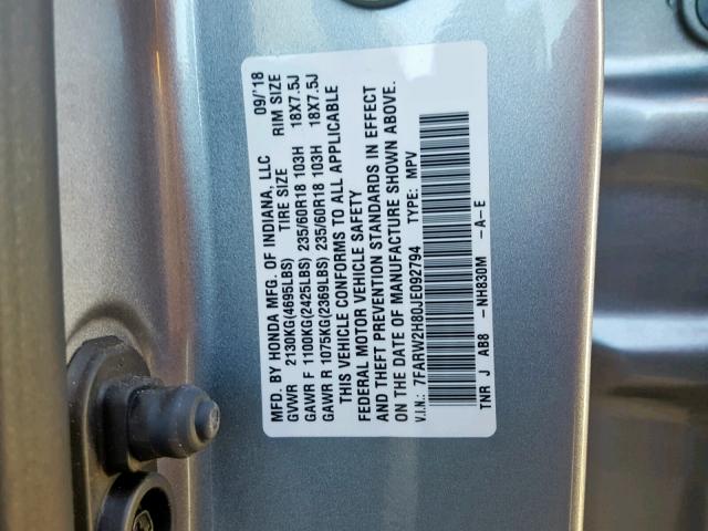 7FARW2H80JE092794 - 2018 HONDA CR-V EXL SILVER photo 10