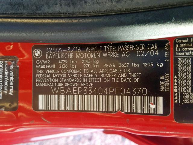 WBAEP33404PF04370 - 2004 BMW 325 XIT RED photo 10