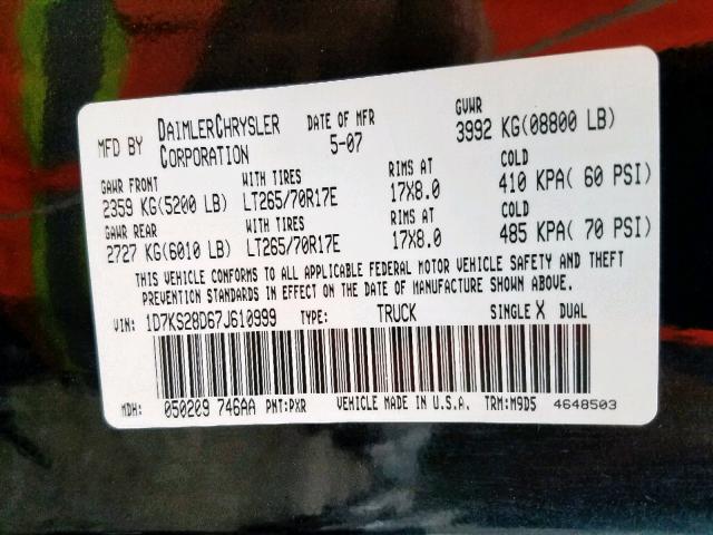 1D7KS28D67J610999 - 2007 DODGE RAM 2500 S Սև լուսանկար 10