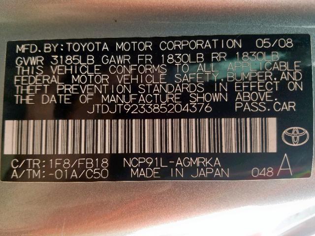 JTDJT923385204376 - 2008 TOYOTA YARIS SILVER photo 10