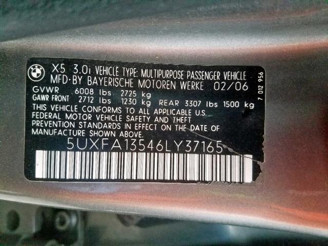 5UXFA13546LY37165 - 2006 BMW X5 3.0I GRAY photo 10