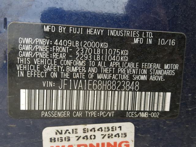 JF1VA1E68H8823848 - 2017 SUBARU WRX PREMIU BLUE photo 10