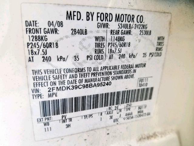 2FMDK39C98BA95240 - 2008 FORD EDGE LIMIT CREAM photo 10