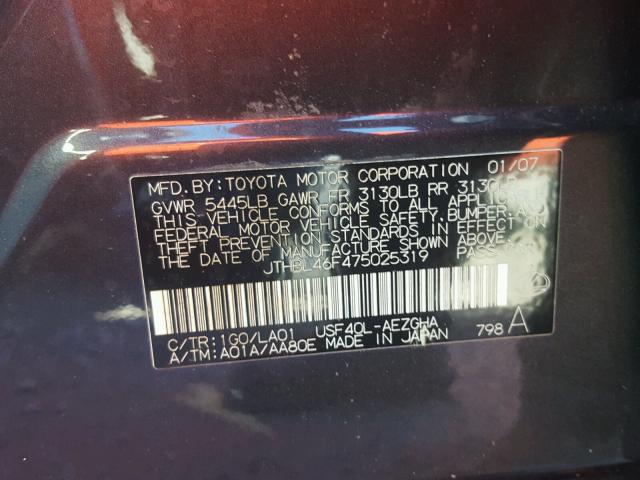 JTHBL46F475025319 - 2007 LEXUS LS 460 GRAY photo 10