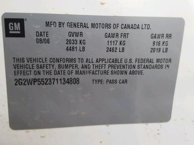 2G2WP552371134808 - 2007 PONTIAC GRAND PRIX WHITE photo 10