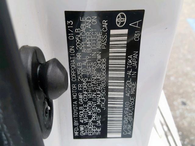 JTKJF5C78D3060808 - 2013 TOYOTA SCION TC თეთრი ფოტო 10