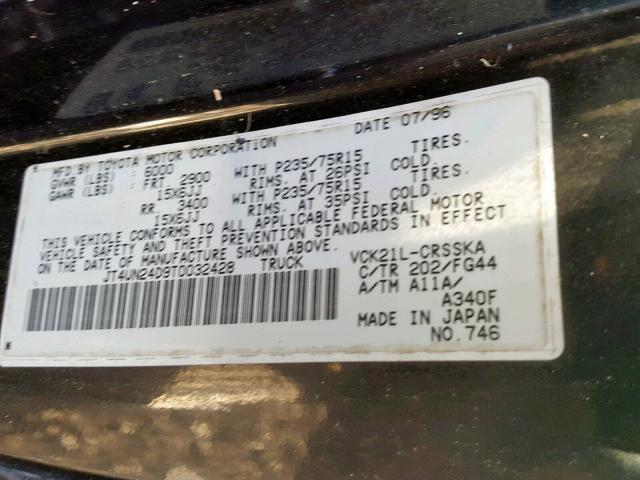 JT4UN24D9T0032428 - 1996 TOYOTA T100 XTRAC BLACK photo 10