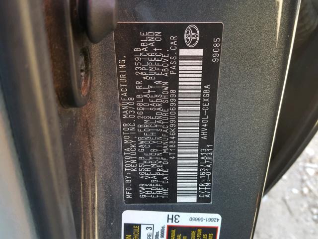 4T1BB46K99U069998 - 2009 TOYOTA CAMRY GRAY photo 10