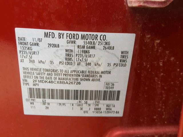 2FMDK48CX8BA26726 - 2008 FORD EDGE SEL TWO TONE photo 10